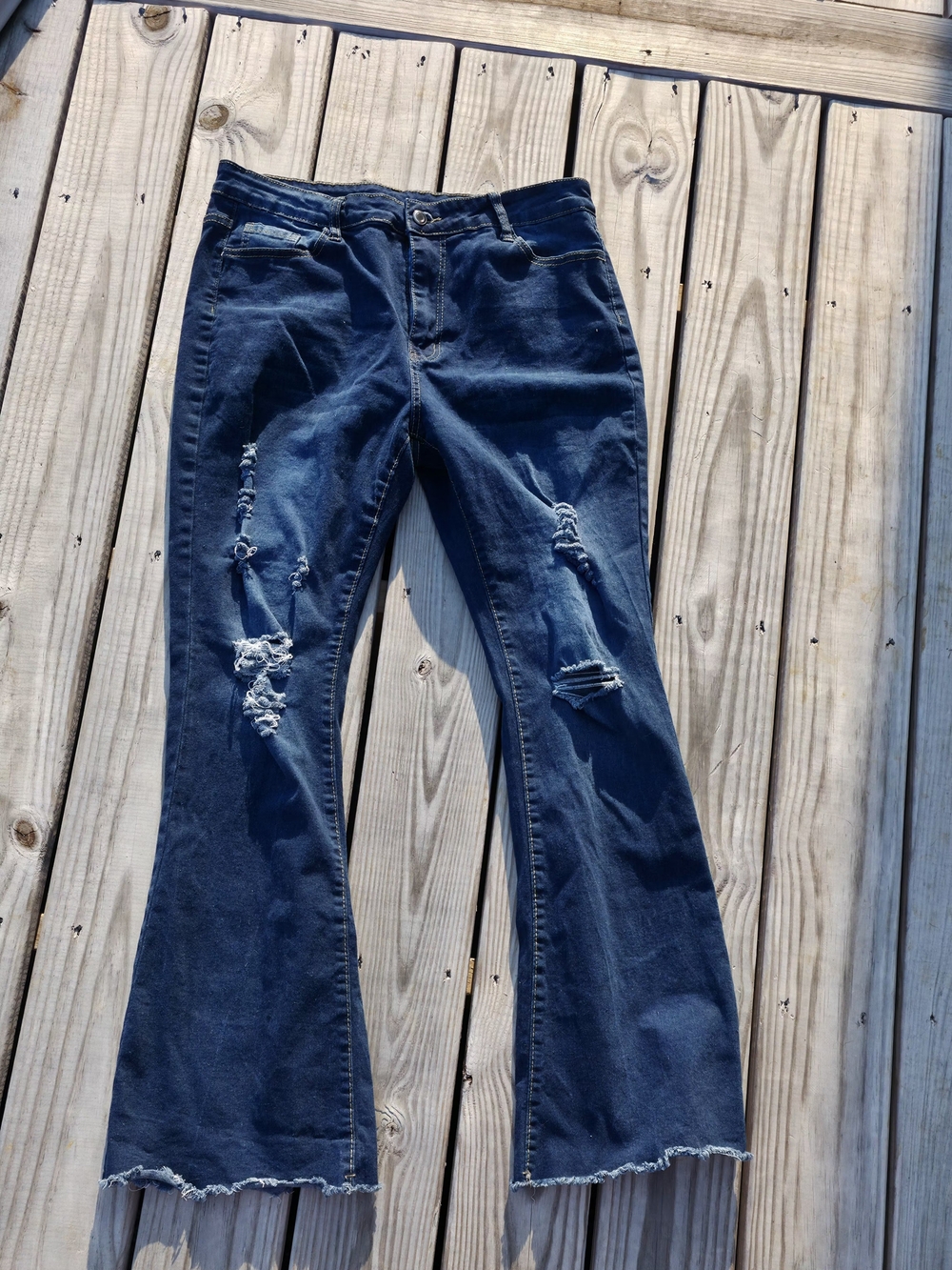 Source Unknown Dark Blue Distressed Flare Jeans